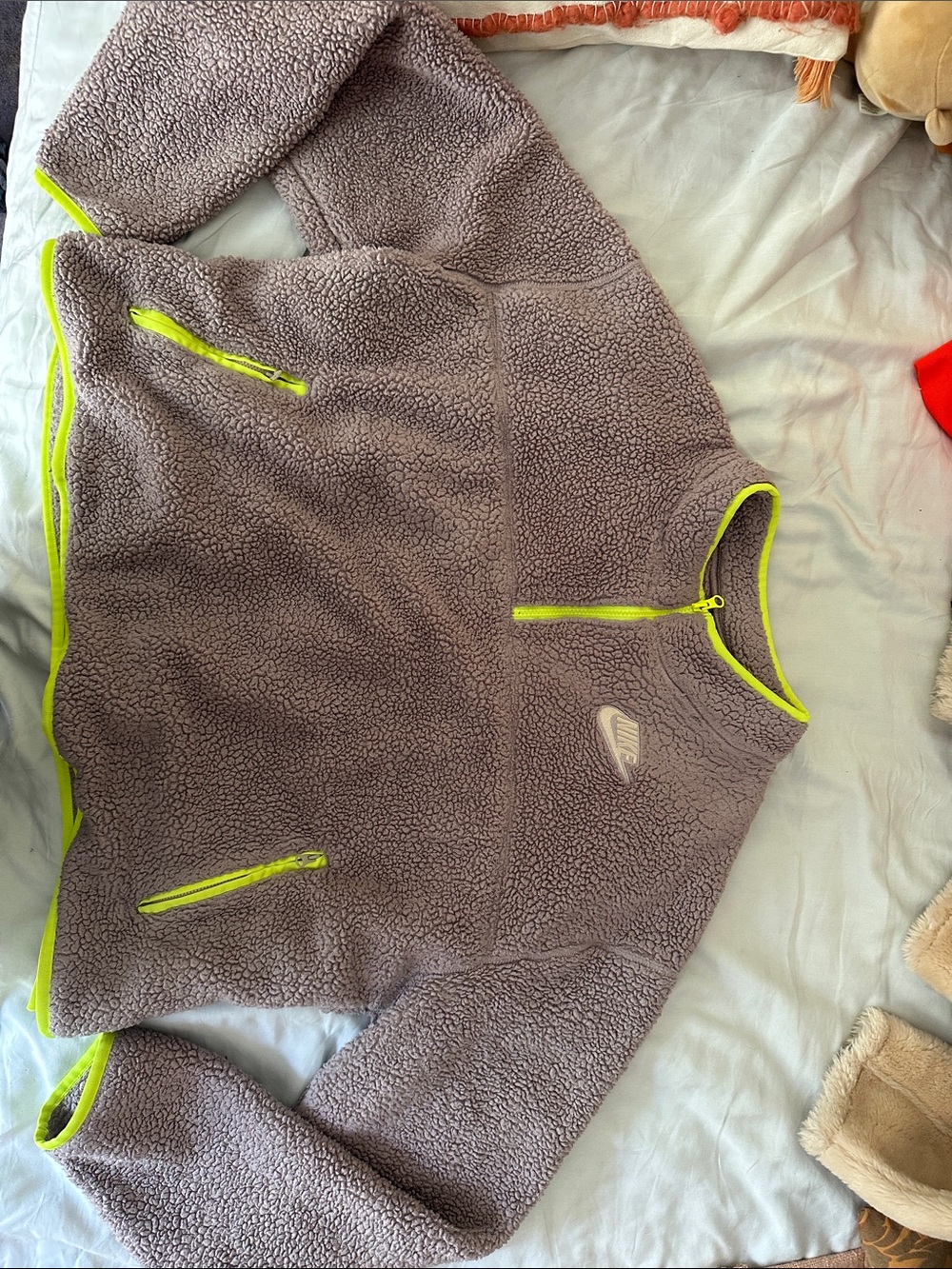 Nike Taupe Sherpa Pullover with Neon Yellow Trim